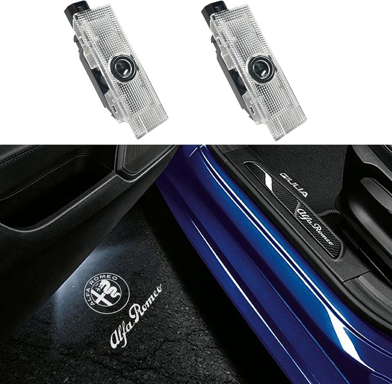 JUNMEI Door Lights Logo Projector Puddle Lights Ultra-Bright Welcome Step Light,Never Fade Puddle Lights Compatible with Alfa Romeo Giulia 952 Stelvio 949 Tonale Giulietta Accessories (White Logo Letter) - Image 1